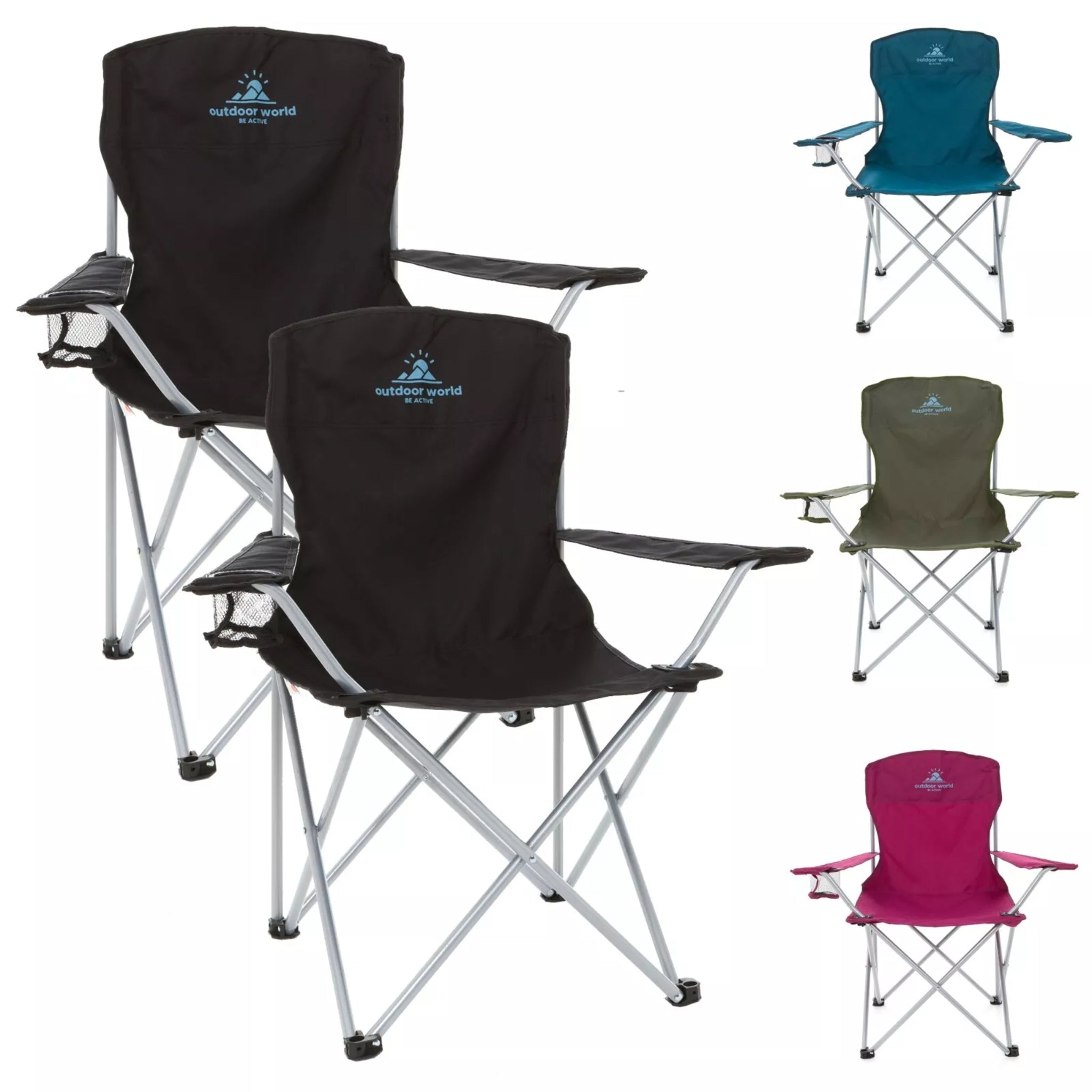 Outdoor World Folding Camping Chair with Cup Holder High Back Waterproof Fabric Durable Steel Legs and Carry Bag